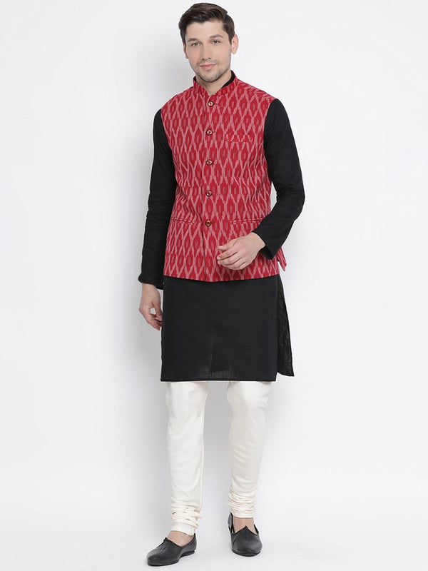 Men's Black Cotton Kurta, Ethnic Jacket and Pyjama Set - Vastramay