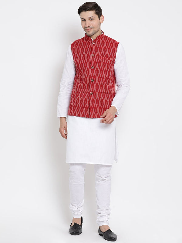 Men's White Cotton Kurta, Ethnic Jacket and Pyjama Set - Vastramay