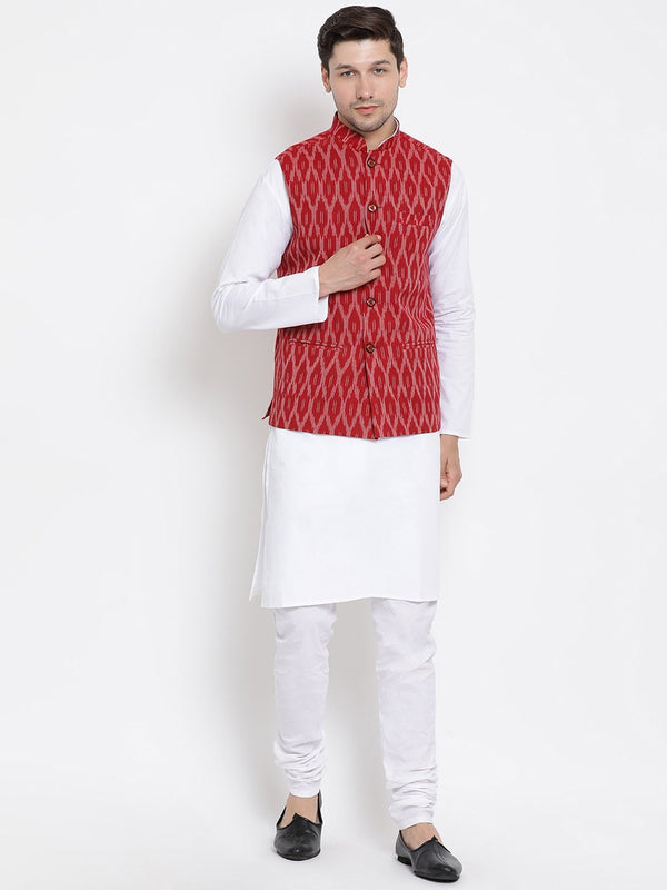 Men's White Cotton Kurta, Maroon Ethnic Jacket and Pyjama Set