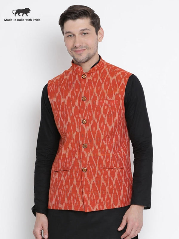 Jashvi Men's Orange Cotton Ethnic Jacket