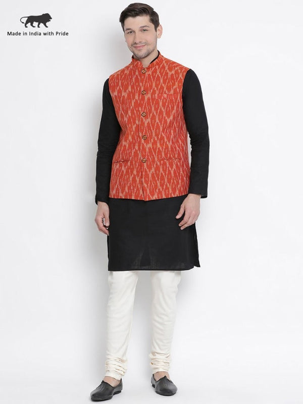 Jashvi Men's Black Cotton Kurta, Ethnic Jacket and Pyjama Set