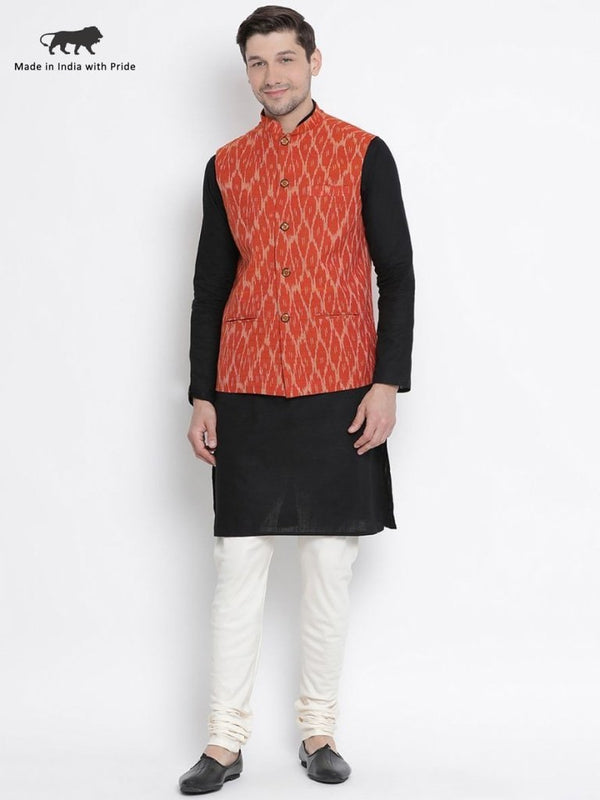 Men's Black Cotton  Kurta, Ethnic Jacket and Pyjama Set - Vastramay