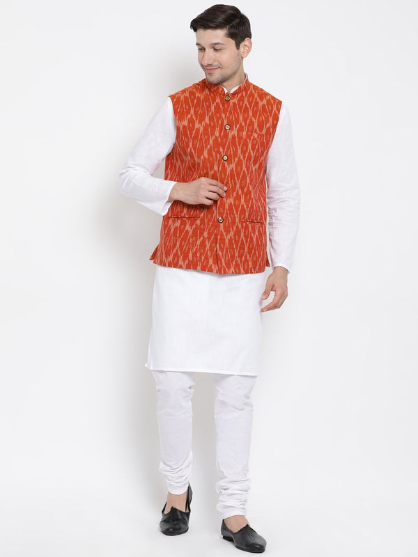 Men's White Cotton Kurta, Ethnic Jacket and Pyjama Set - Vastramay