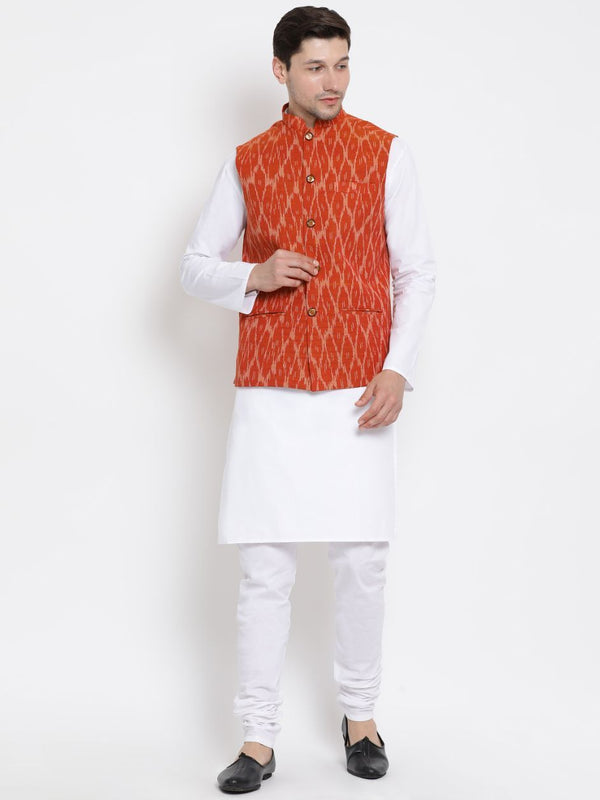 Jashvi Men's White Cotton Kurta, Orange Ethnic Jacket and Pyjama Set