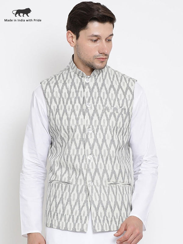 Jashvi Men's White and Grey Cotton Ethnic Jacket