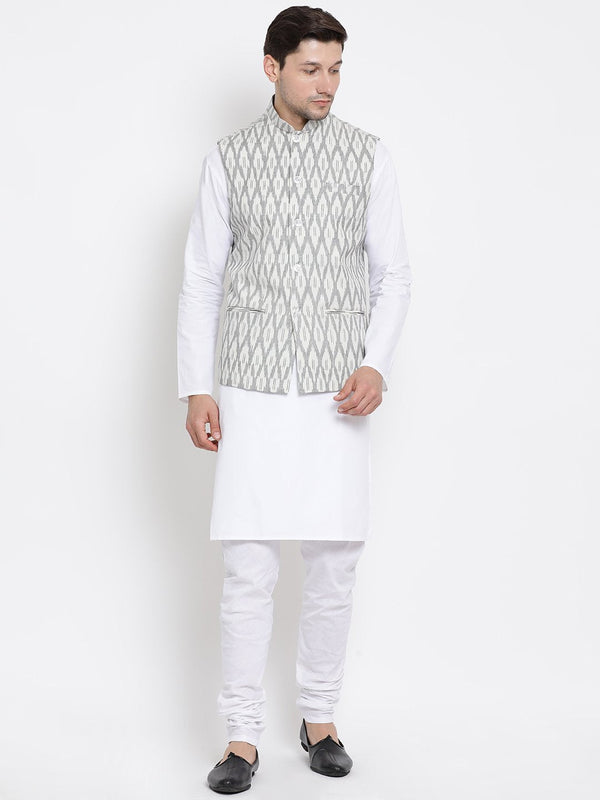 Men's White Cotton Blend Kurta, Ethnic Jacket and Pyjama Set - Vastramay