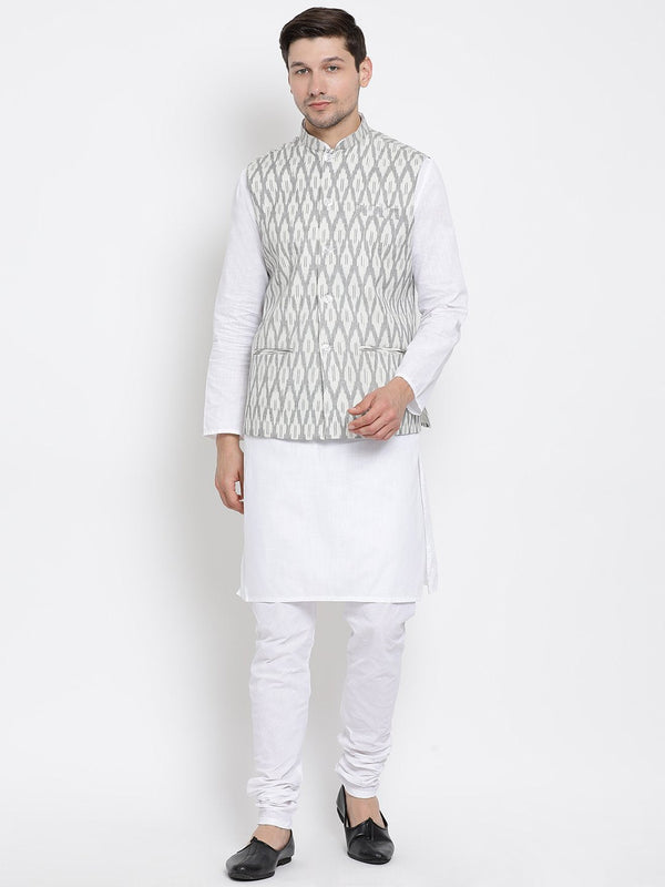 Men's White Cotton Kurta, Ethnic Jacket and Pyjama Set - Vastramay