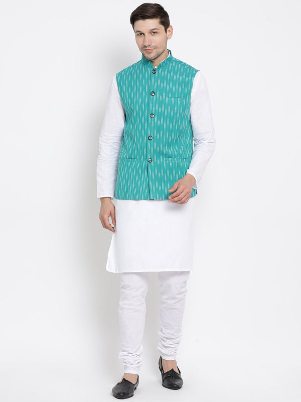 Jashvi Men's White Cotton Kurta, Ethnic Jacket and Pyjama Set