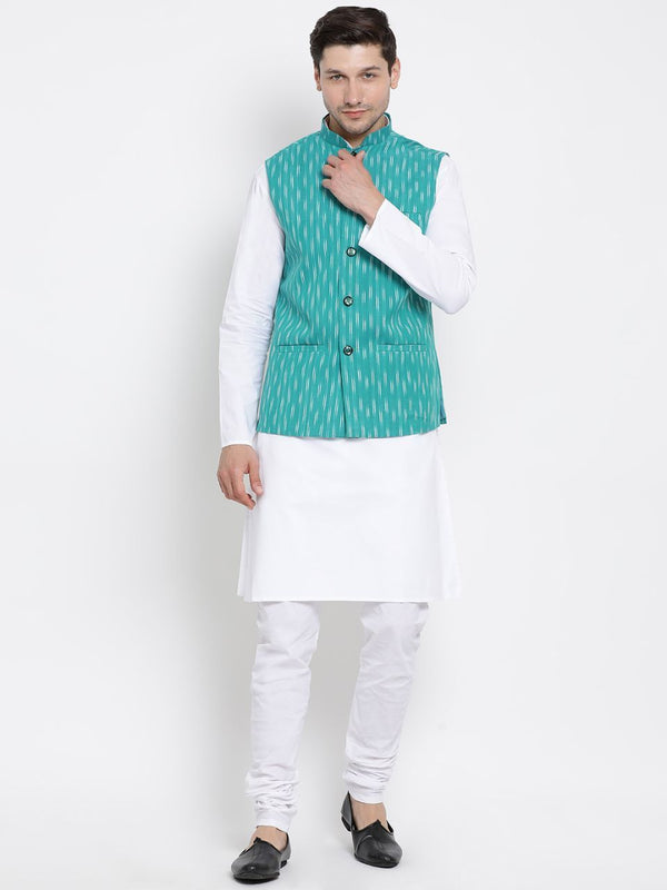 Jashvi Men's White Cotton Kurta, Ethnic Jacket and Pyjama Set