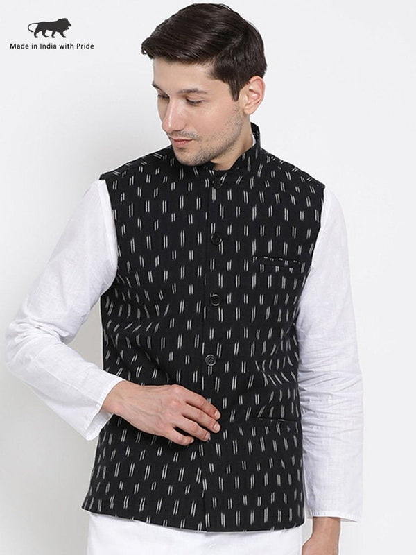 Men's Black Cotton Ethnic Jacket - Vastramay