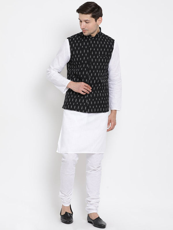 Men's White Cotton Kurta, Ethnic Jacket and Pyjama Set - Vastramay