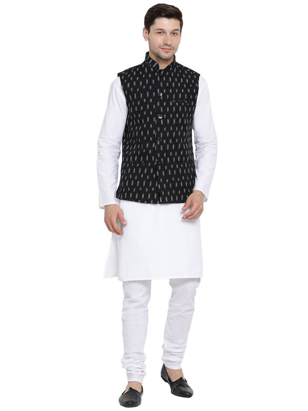 Jashvi Men's White Cotton Kurta, Ethnic Jacket and Pyjama Set