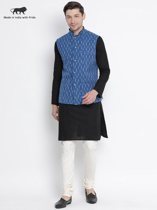 Men's Black Cotton  Kurta, Ethnic Jacket and Pyjama Set - Vastramay