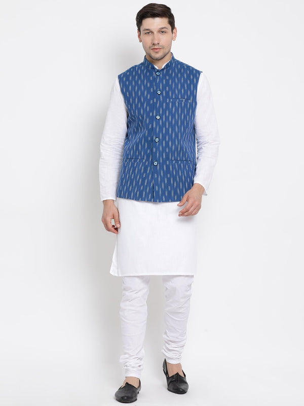 Men's White Cotton Kurta, Ethnic Jacket and Pyjama Set - Vastramay