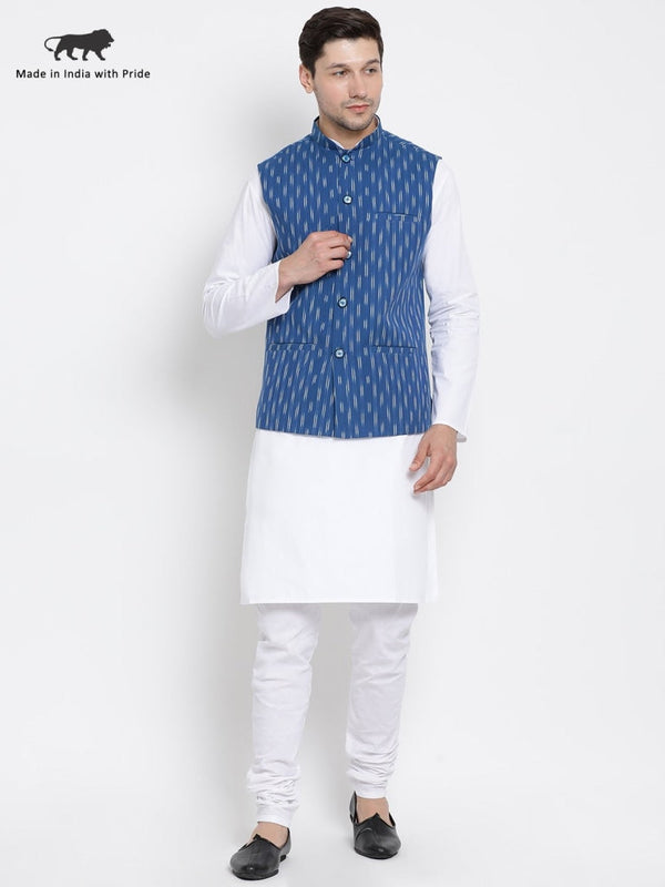 Jashvi Men's White Cotton Kurta, Ethnic Jacket and Pyjama Set