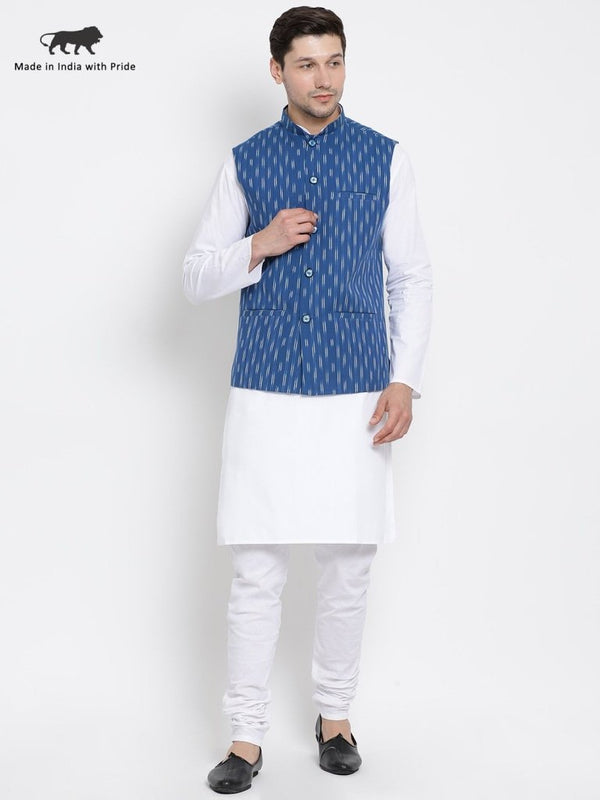 Men's White Cotton Kurta, Ethnic Jacket and Pyjama Set - Vastramay