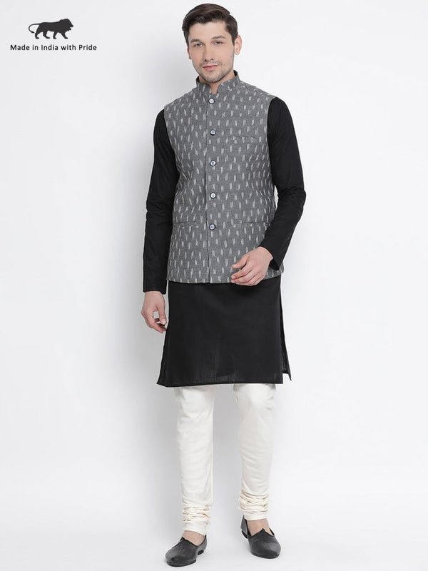 Jashvi Men's Black Cotton Kurta, Ethnic Jacket and Churidar Set