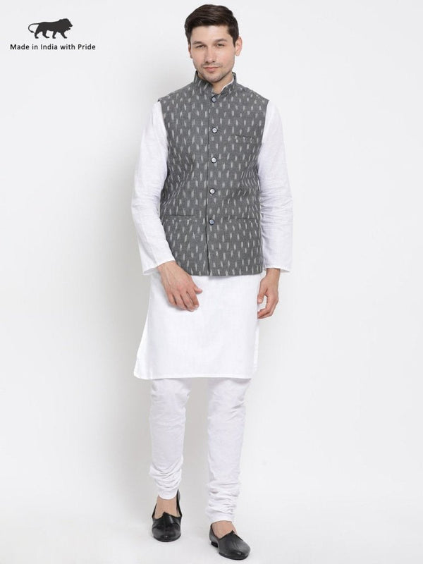 Men's White Cotton Kurta, Ethnic Jacket and Pyjama Set - Vastramay