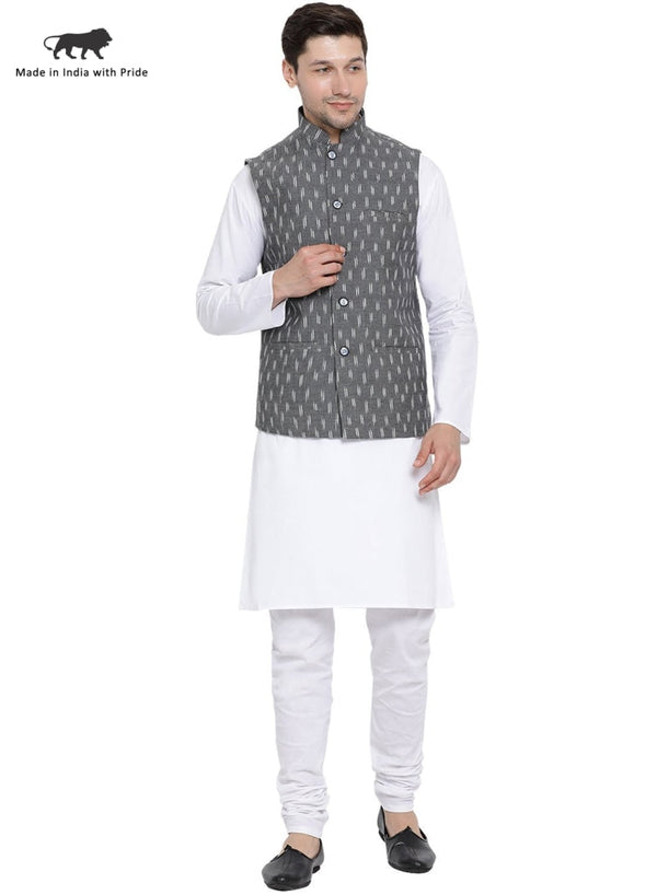 Jashvi Men's White Cotton Kurta, Ethnic Jacket and Churidar Set