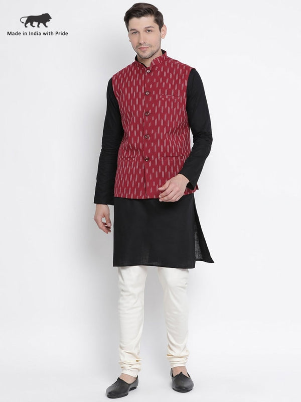 Jashvi Men's Black Cotton Kurta, Ethnic Jacket and Pyjama Set