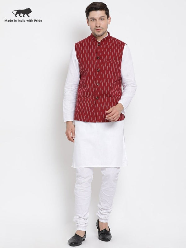 Men's White Cotton Kurta, Ethnic Jacket and Pyjama Set - Vastramay