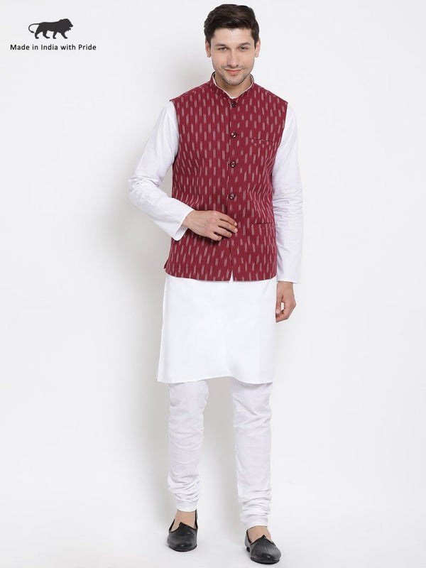 Jashvi Men's White Cotton Kurta, Ethnic Jacket and Pyjama Set