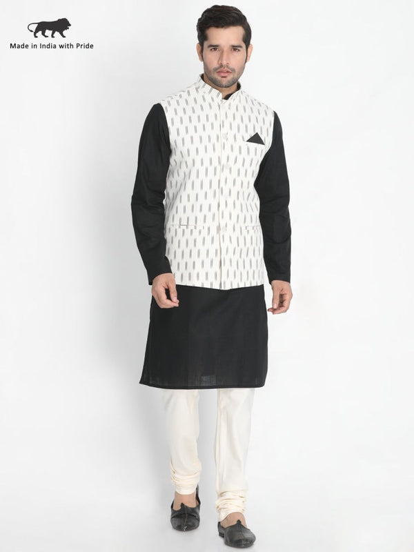 Jashvi Men's Black Cotton Kurta, Ethnic Jacket and Pyjama Set