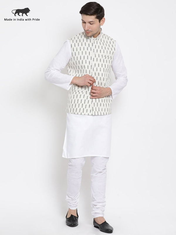 Jashvi Men's White Cotton Kurta, Ethnic Jacket and Pyjama Set