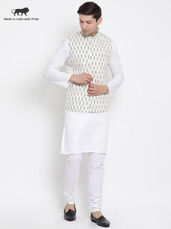 Men's White Cotton Kurta, Ethnic Jacket and Pyjama Set - Vastramay