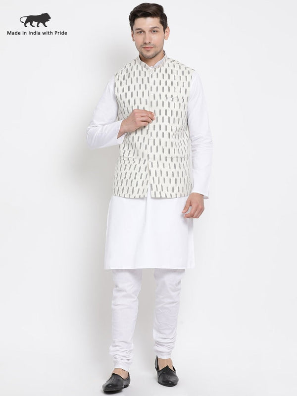 Jashvi Men's White Cotton Kurta, Ethnic Jacket and Pyjama Set