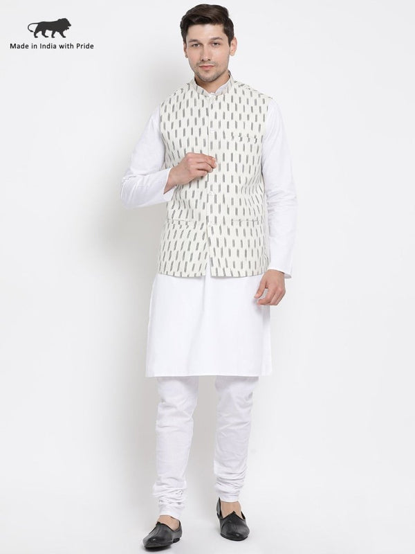 Men's White Cotton Kurta, Ethnic Jacket and Pyjama Set - Vastramay