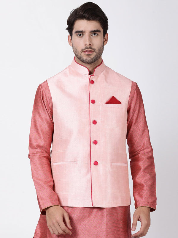 Jashvi Men's Pink Cotton Silk Blend Ethnic Jacket