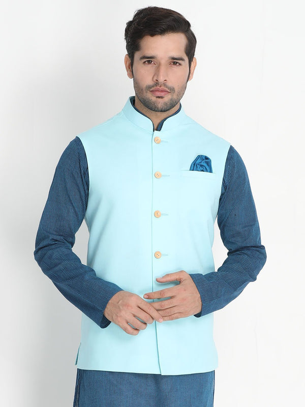 Men's Light Blue Cotton Ethnic Jacket - Vastramay