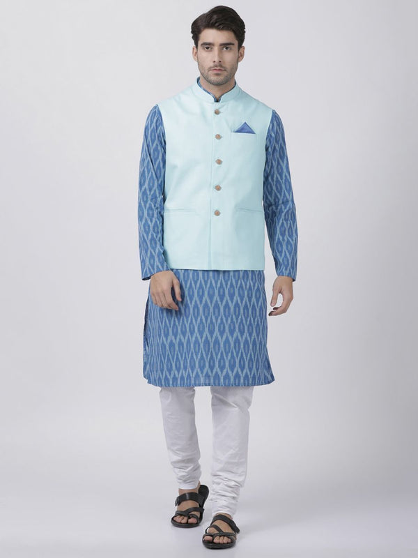 Men's Blue Cotton Blend Ethnic Jacket, Kurta and Dhoti Pant Set - Vastramay