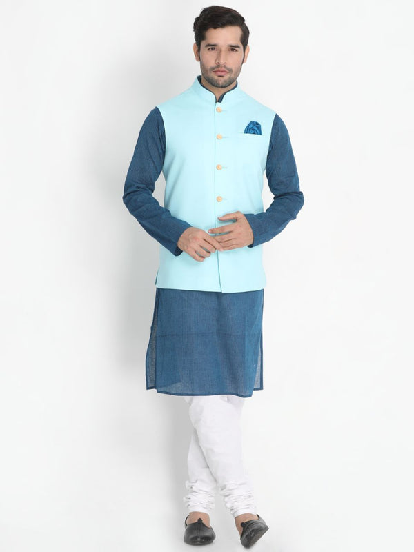 Men's Dark Blue Cotton Blend Kurta, Ethnic Jacket and Pyjama Set - Vastramay