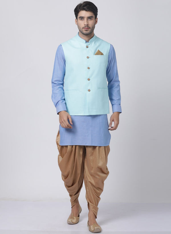 Men's Blue Cotton Blend Ethnic Jacket, Kurta and Dhoti Pant Set - Vastramay