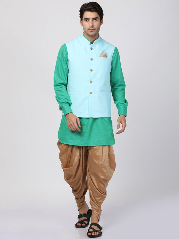 Men's Green Cotton Blend Ethnic Jacket, Kurta and Dhoti Pant Set - Vastramay