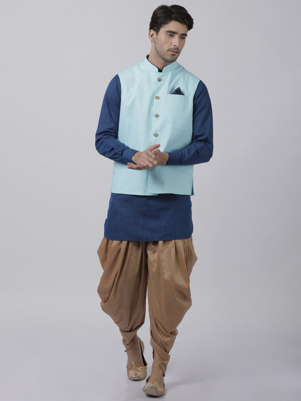 Men's Dark Blue Cotton Blend Ethnic Jacket, Kurta and Dhoti Pant Set - Vastramay