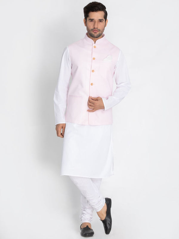 Jashvi Men's White Cotton Blend Kurta, Ethnic Jacket and Pyjama Set