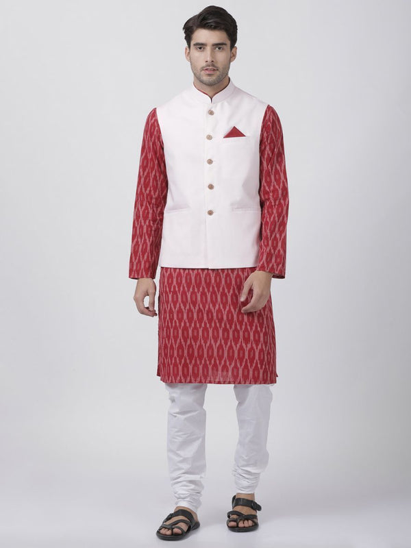 Men's Maroon Cotton Blend Ethnic Jacket, Kurta and Dhoti Pant Set - Vastramay