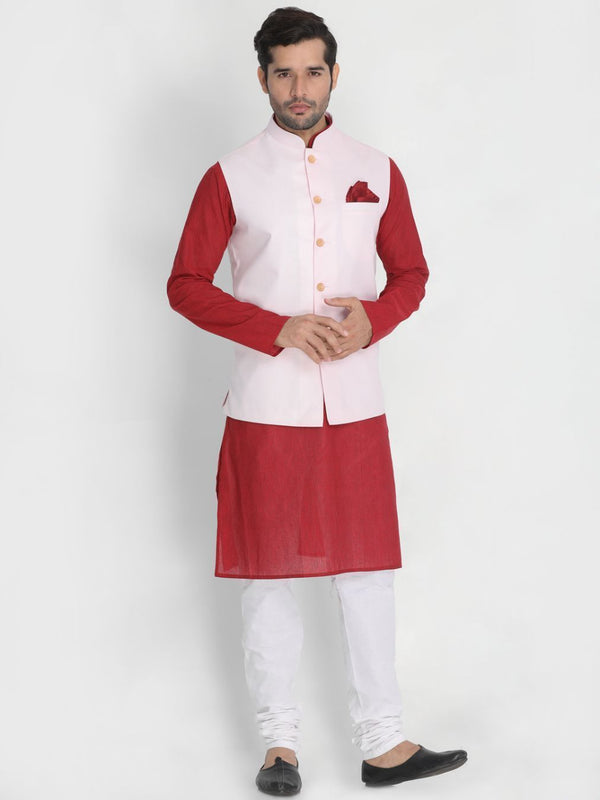 Men's Red Cotton Blend Kurta, Ethnic Jacket and Pyjama Set - Vastramay