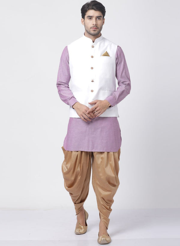 Jashvi Men's Purple Cotton Blend Ethnic Jacket, Kurta and Dhoti Pant Set