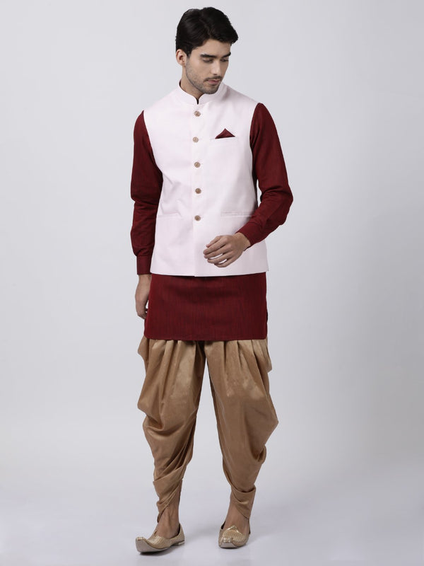 Jashvi Men's Maroon Cotton Blend Ethnic Jacket, Kurta and Dhoti Pant Set