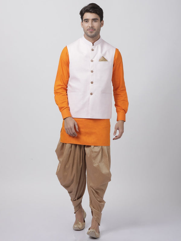 Jashvi Men's Orange Cotton Blend Kurta, Ethnic Jacket and Dhoti Pant Set