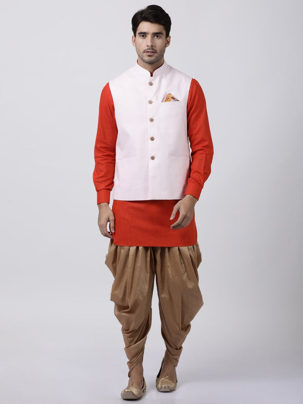 Jashvi Men's Orange Cotton Blend Kurta, Ethnic Jacket and Dhoti Pant Set