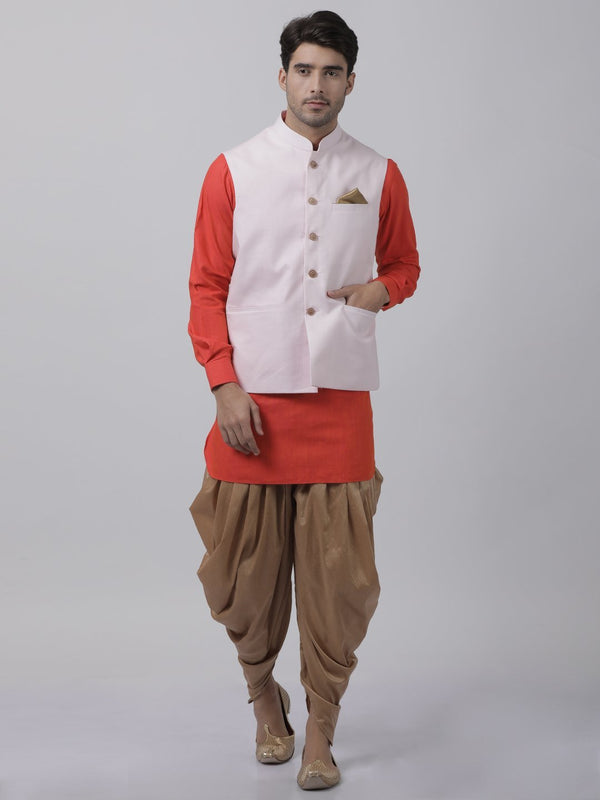 Jashvi Men's Orange Cotton Blend Kurta, Ethnic Jacket and Dhoti Pant Set