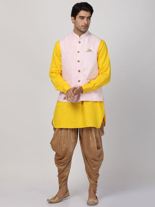 Jashvi Men's Yellow Cotton Blend Ethnic Jacket, Kurta and Dhoti Pant Set