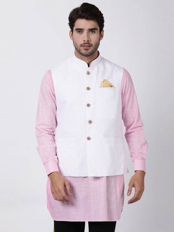 Men's White Cotton Ethnic Jacket - Vastramay