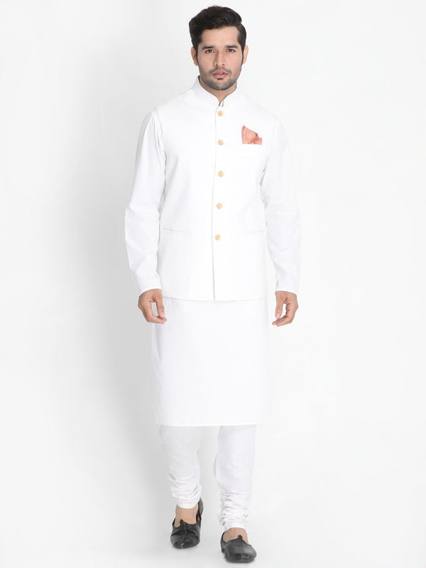 Jashvi Men's White Cotton Blend Kurta, Ethnic Jacket and Pyjama Set