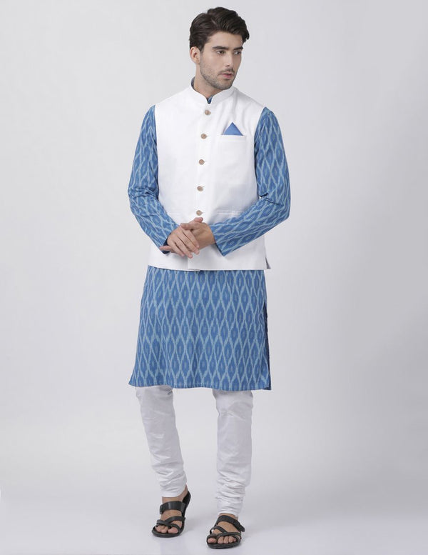 Jashvi Men's Light Blue Cotton Blend Ethnic Jacket, Kurta and Dhoti Pant Set